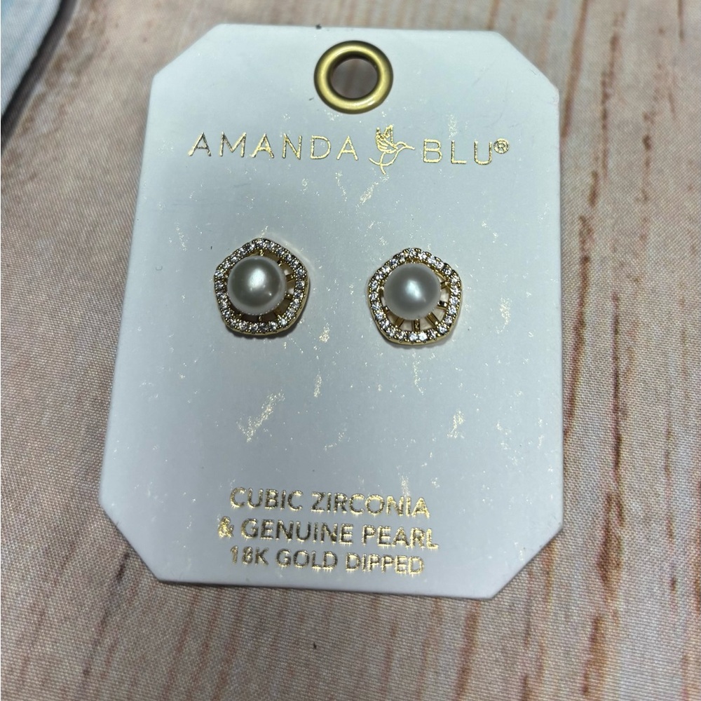 New Amanda Blu Gold Pentagon Halo Pearl Stud Earrings